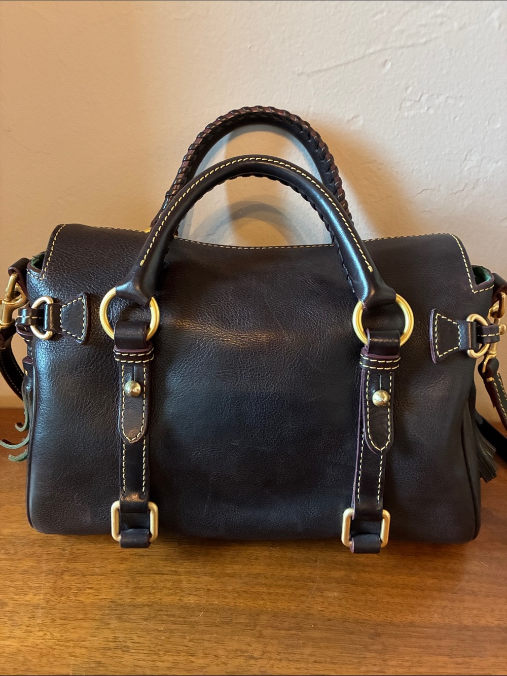 Dooney & Bourke Dark Brown Leather crossbody Satchel with Maroon Accent - Picture 2 of 7